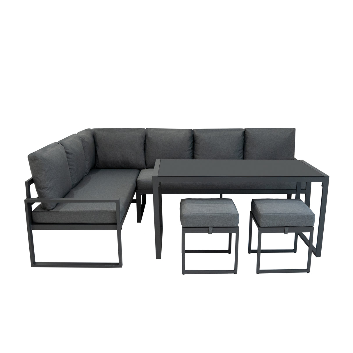 Anthrazitgraues Aluminium-Ecksofa-Set mit weichen, gepolsterten Kissen und passendem Tisch, ideal für gemütliche Outdoor-Abende und Grillpartys