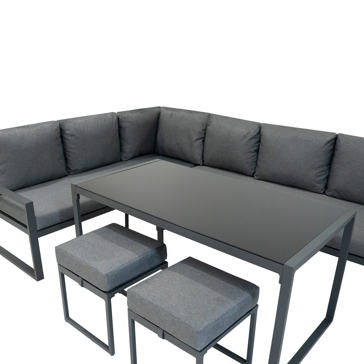 Anthrazitgraues Aluminium-Ecksofa-Set mit weichen Kissen und passendem Tisch, ideal für den Außenbereich und entspannte Zusammenkünfte