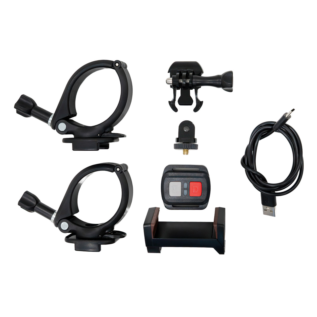 Schwarze Dachrinnenstangen mit Kamera, Halterungen, USB-Kabel und Fernbedienung, ideal für die Überwachung und einfache Installation