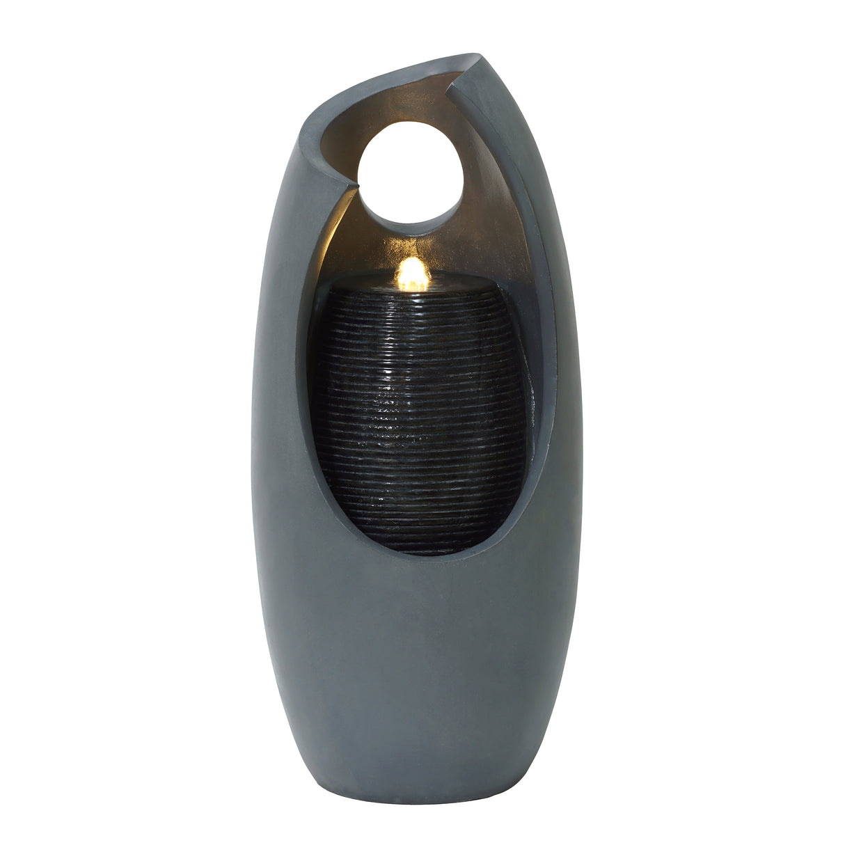 Elegantes elektrisches Wasserspiel in grauem Design mit strahlendem Wasserfall und sanfter Beleuchtung, ideal für entspannende Atmosphäre