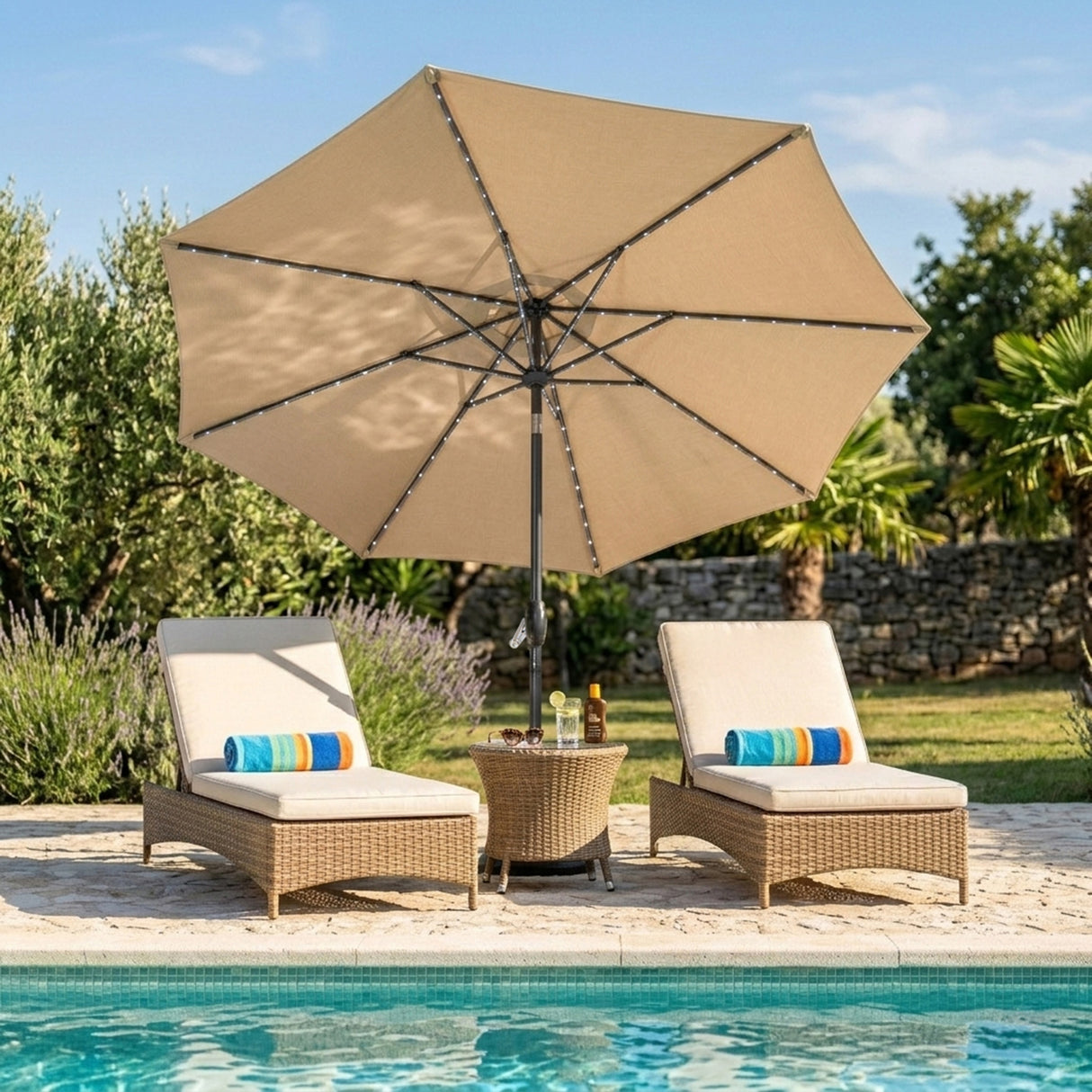 LED-Kipp-Sonnenschirm 2,7m - Beige