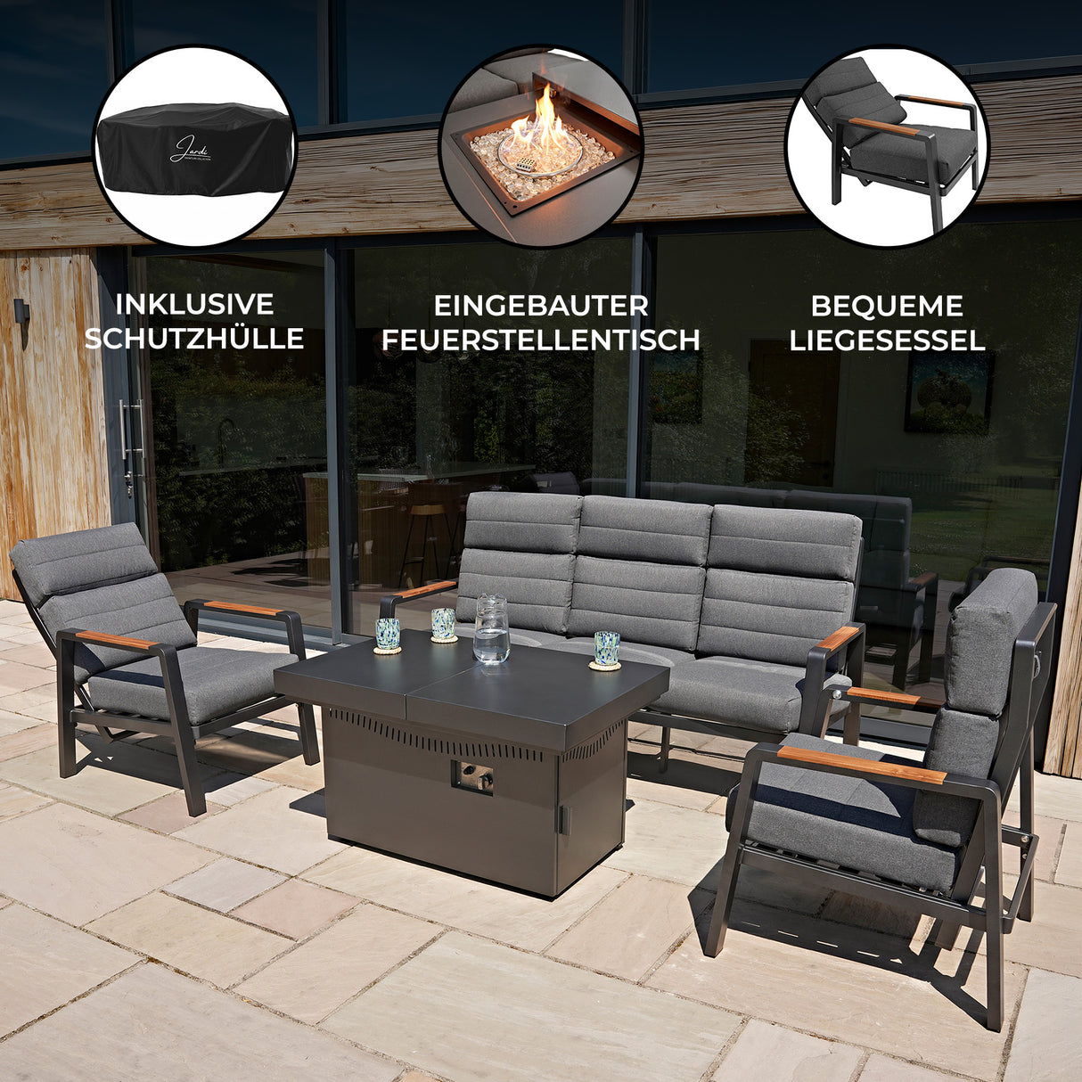 5-Sitzer Gartenmöbel mit Feuerstelle & Liegegestellung