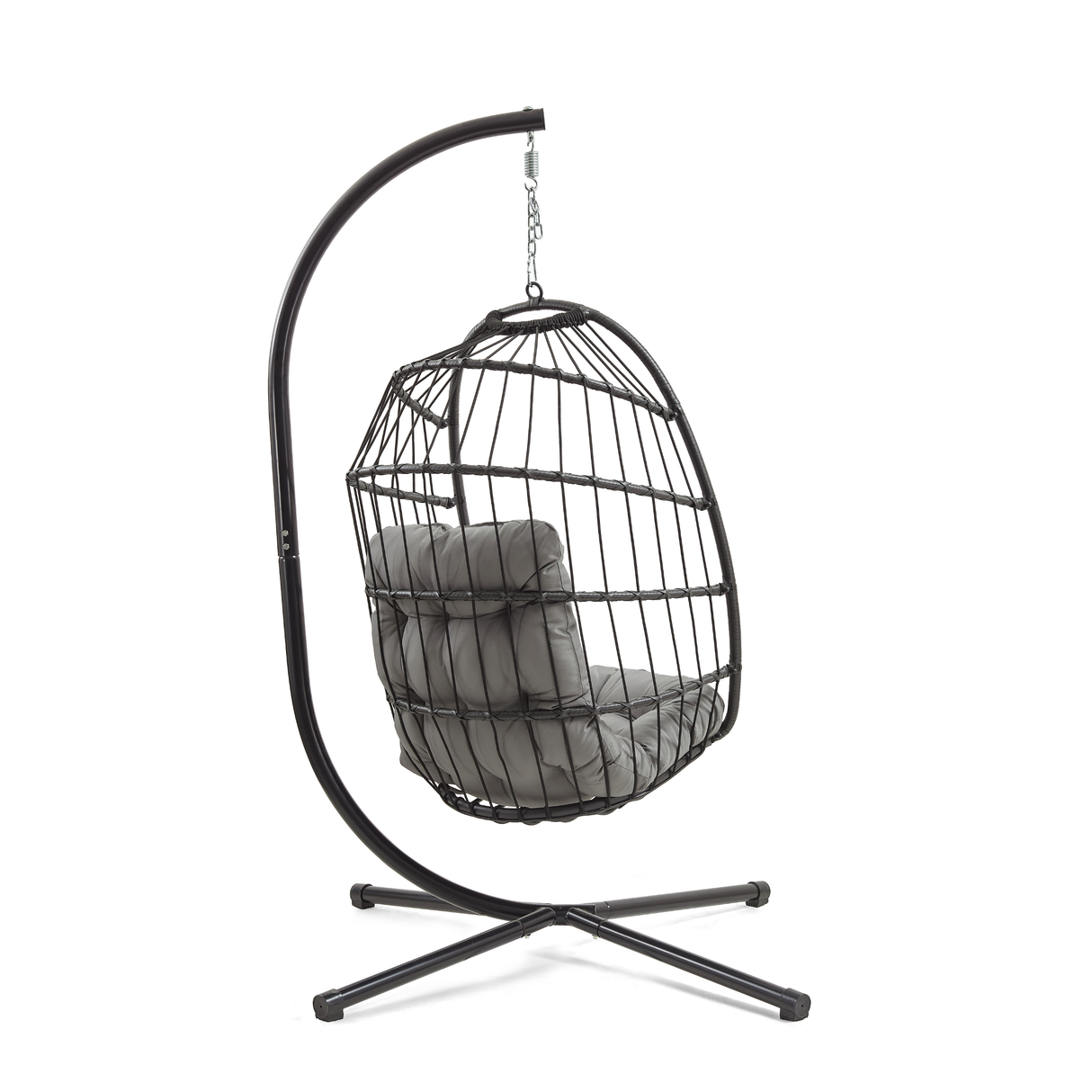 Schwarzer Rattan Hängesessel in Eiform mit grauem Polster, elegant und modern, ideal für Innen- und Außenbereiche, schwebend aufgehängt
