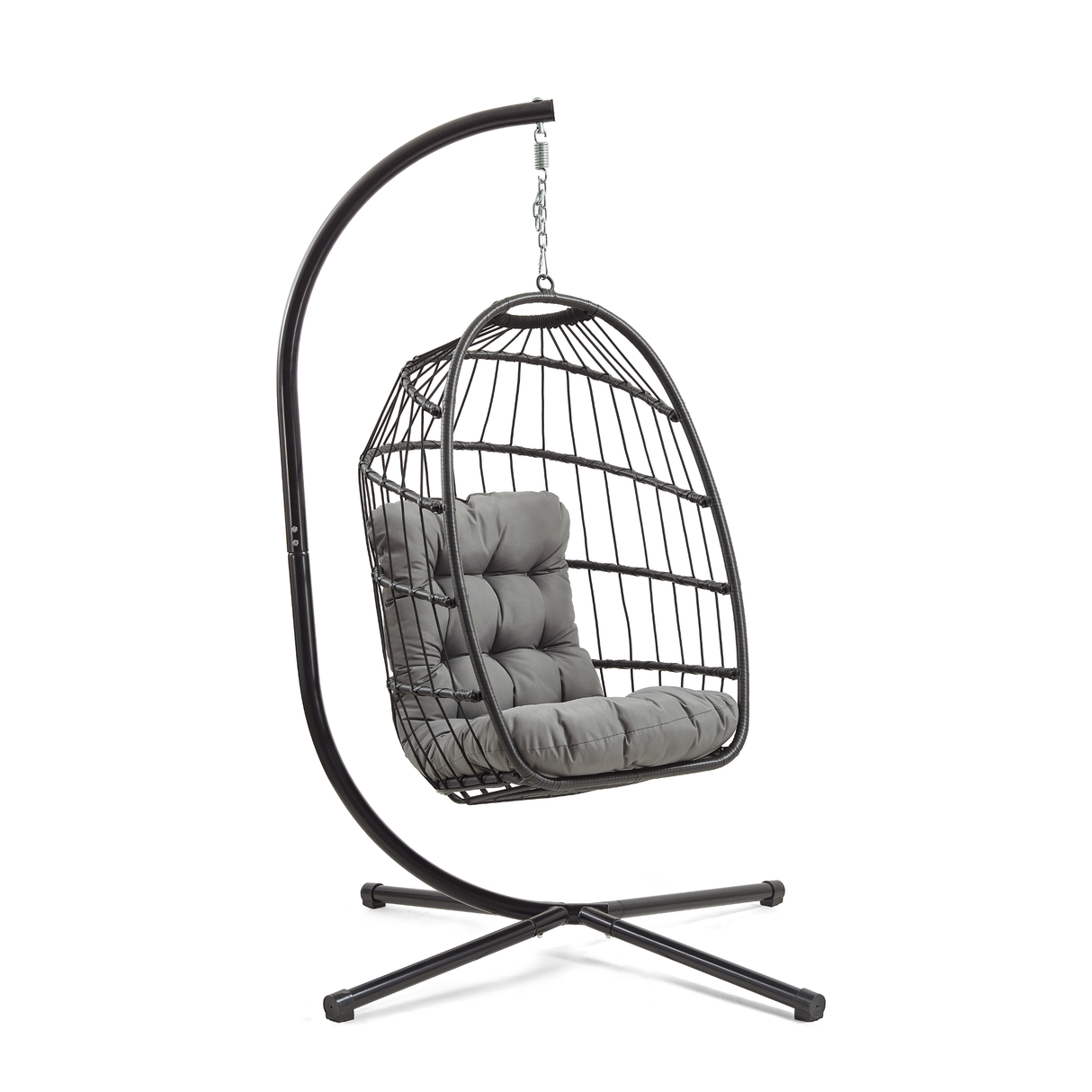 Schwarzer Rattan Hängesessel in Eiform mit bequemen grauen Kissen, hängend an einem stabilen Metallgestell mit elegantem Design