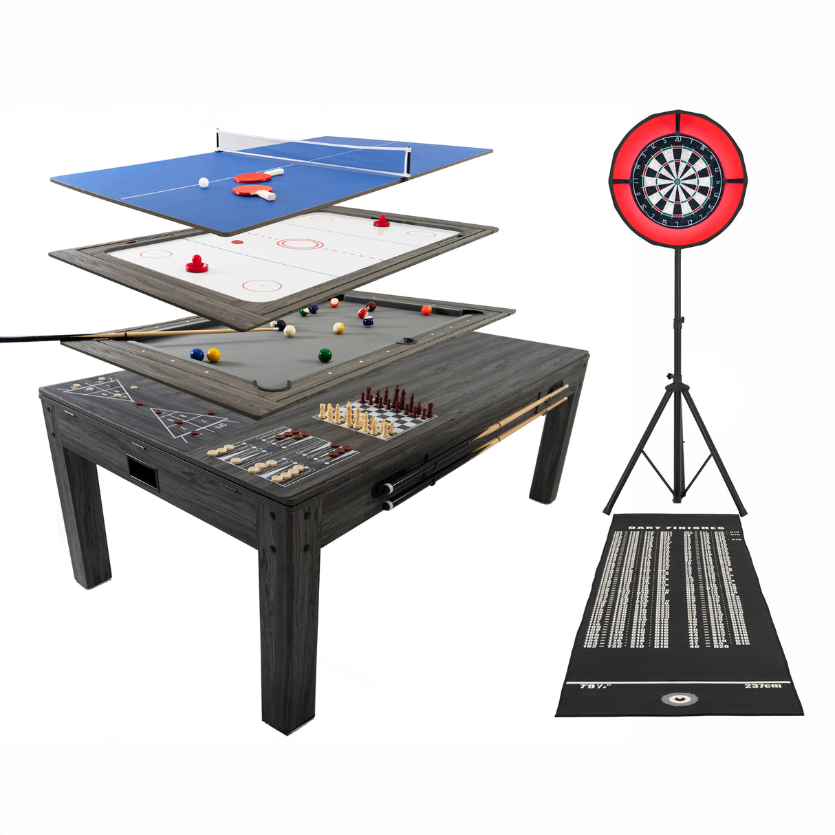 7 In 1 Spieltisch Dart Set & LED Ringlicht – Grau