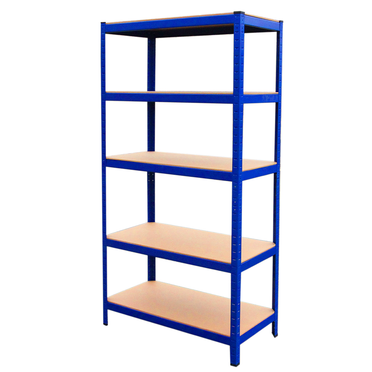 Blaues Regalsystem mit vier stabilen, braunen Regalböden aus Holz, ideal für Lagerung und Organisation, Maße 90 cm x 45 cm x 182,5 cm