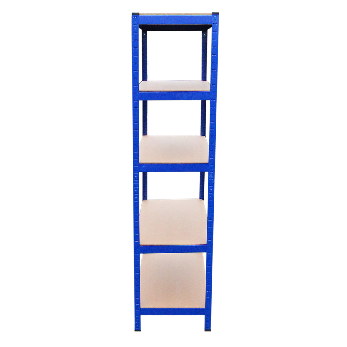 Blaues Regalsystem mit vier stabilen, hellen Ablagen, ideal für die Aufbewahrung, Maße 90 cm x 45 cm x 182,5 cm, robustes Metallgestell