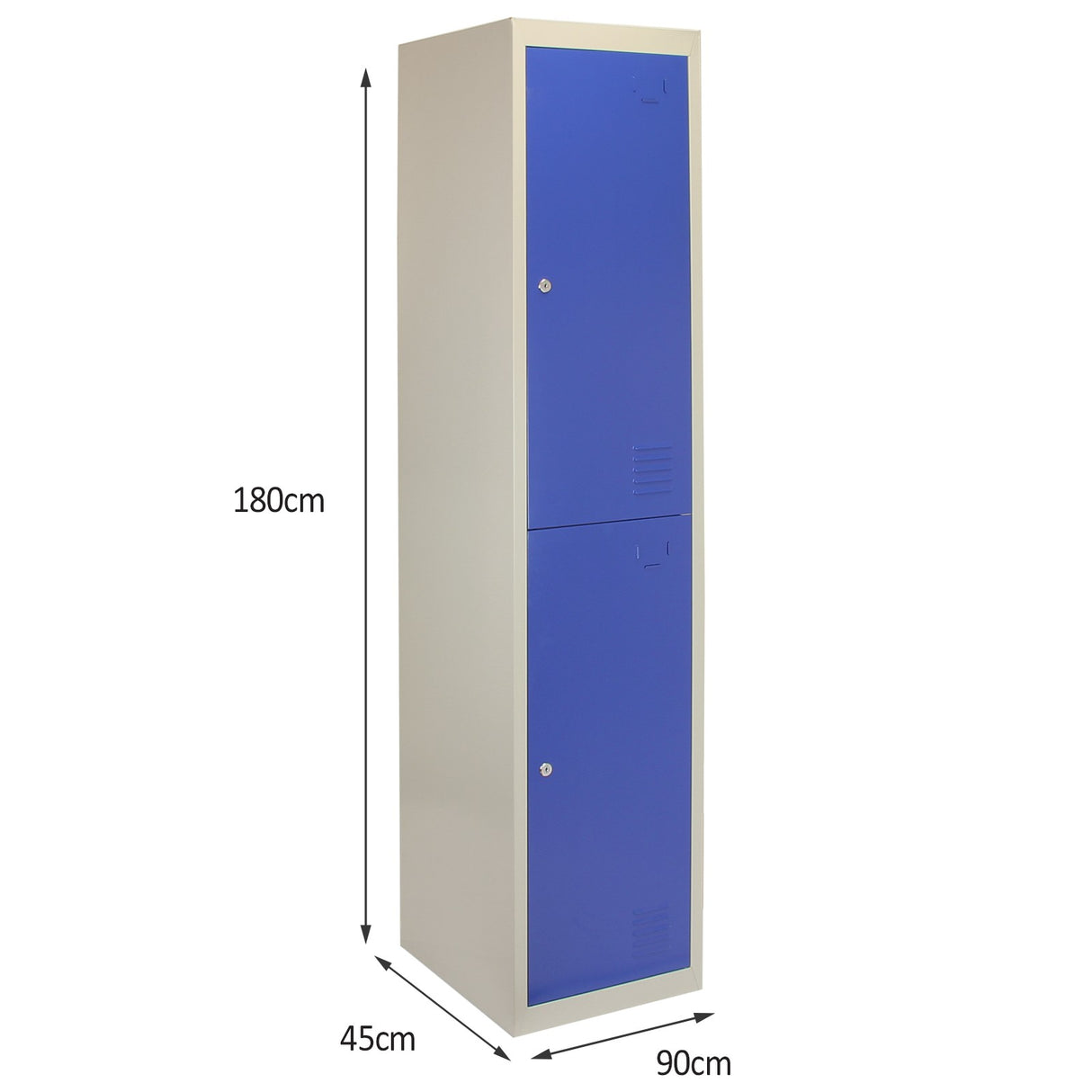 Hoher Metall-Aufbewahrungsschrank mit zwei blauen Türen, flach verpackt, Maße 180 cm hoch, 90 cm breit und 45 cm tief, ideal für Ordnung und Stauraum