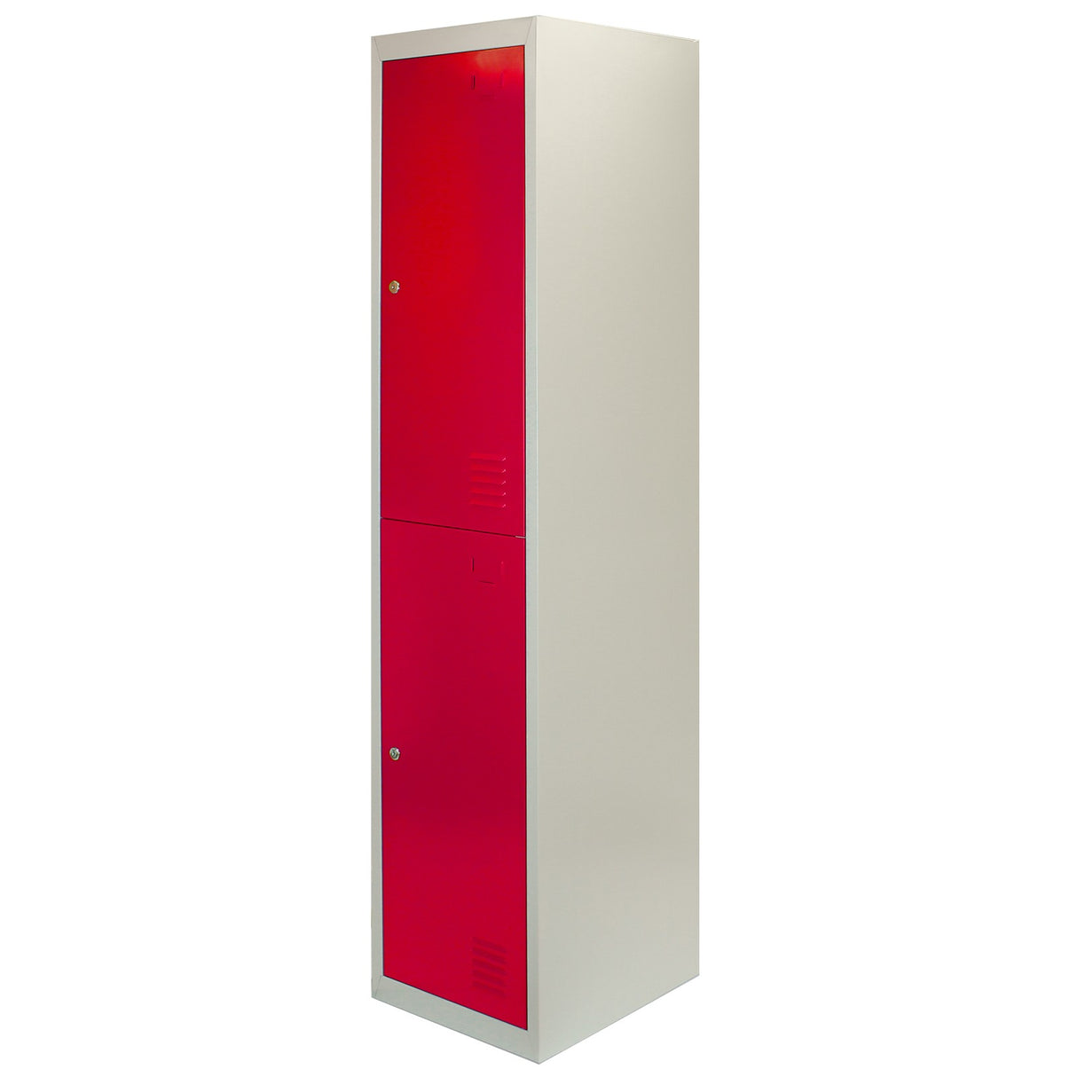 Zwei Türen Metall-Aufbewahrungsschrank in Rot und Silber, schlankes Design, ideal für platzsparende Aufbewahrung in modernen Räumen