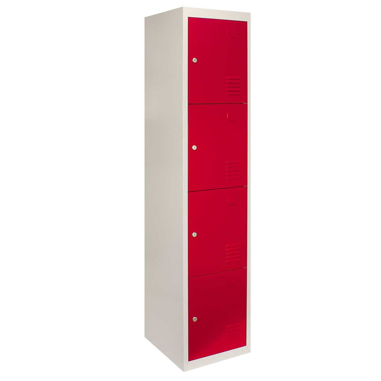 Vier rote Metall-Lagerschränke mit flachen Türen, elegant und modern, ideal für die Aufbewahrung in Büros oder Schulen, robustes Design