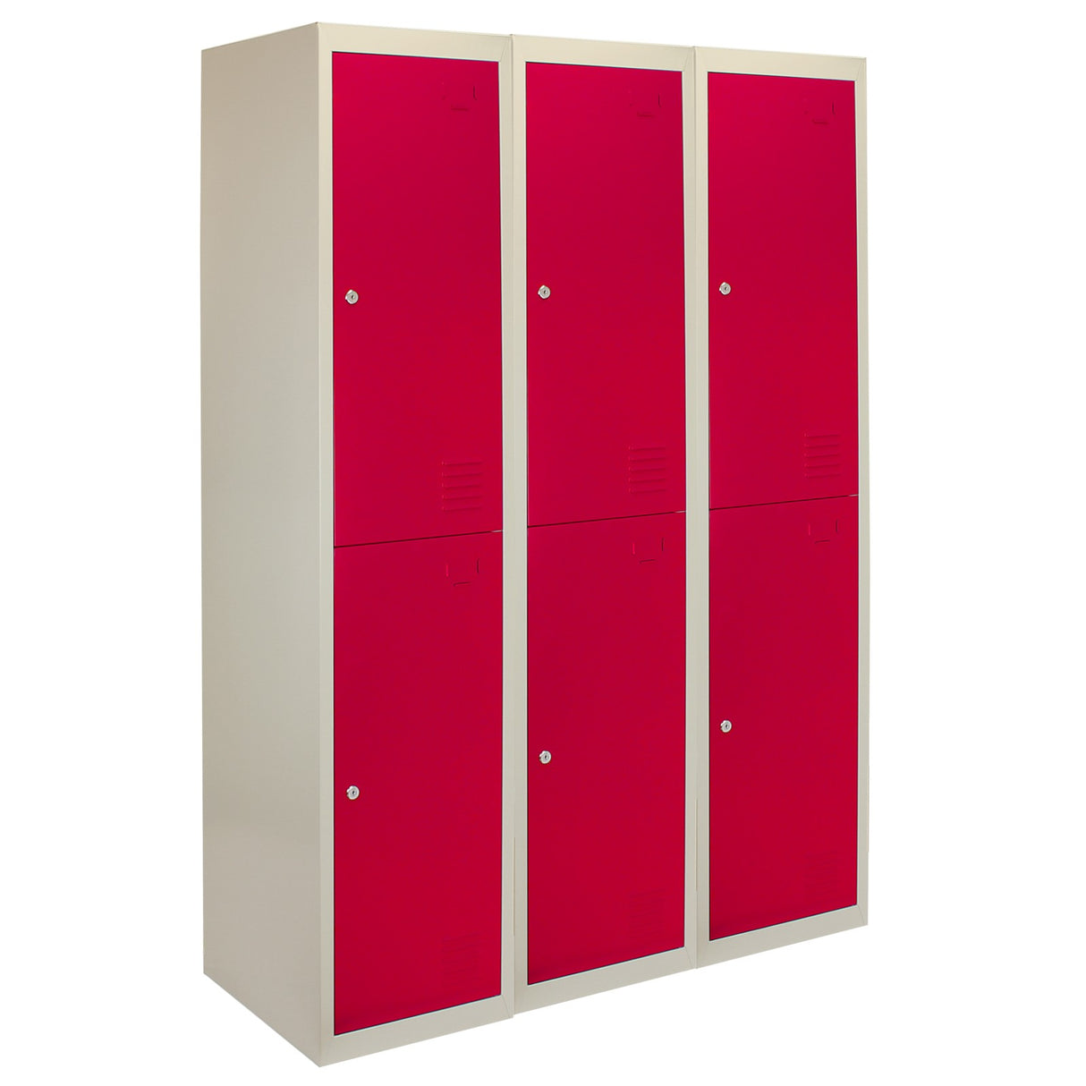 Drei rote Metall-Aufbewahrungsschränke mit zwei Türen, flach verpackt, ideal für Büros oder Schulen, mit glatter Oberfläche und robustem Design
