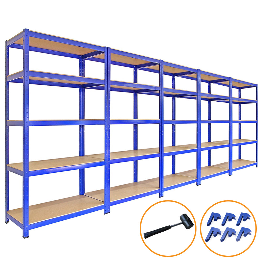 5x Monster Racking T-Rax 90cm Lagerregal Blau mit Gratis Gummihammer