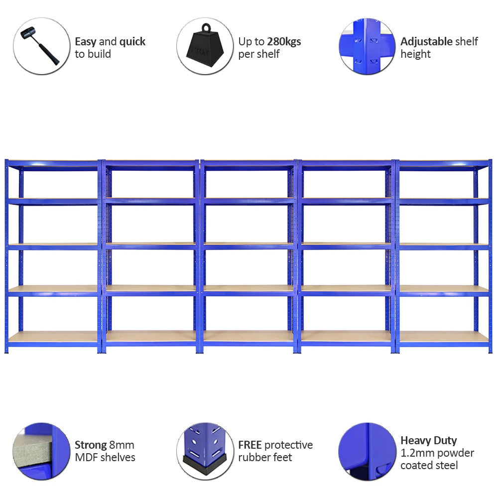 5x Monster Racking T-Rax 90cm Lagerregal Blau mit Gratis Gummihammer