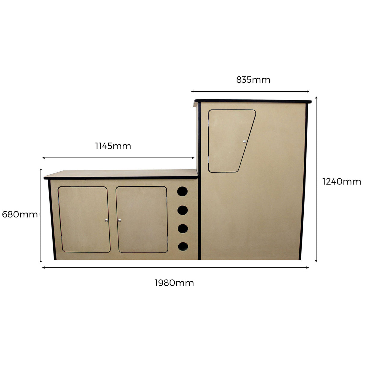 Schwarze Transporterverkleidung mit einer Camperküche, aus robustem Material, rechteckig, mit Schrank und Ablageflächen, ideal für Campingbedarf
