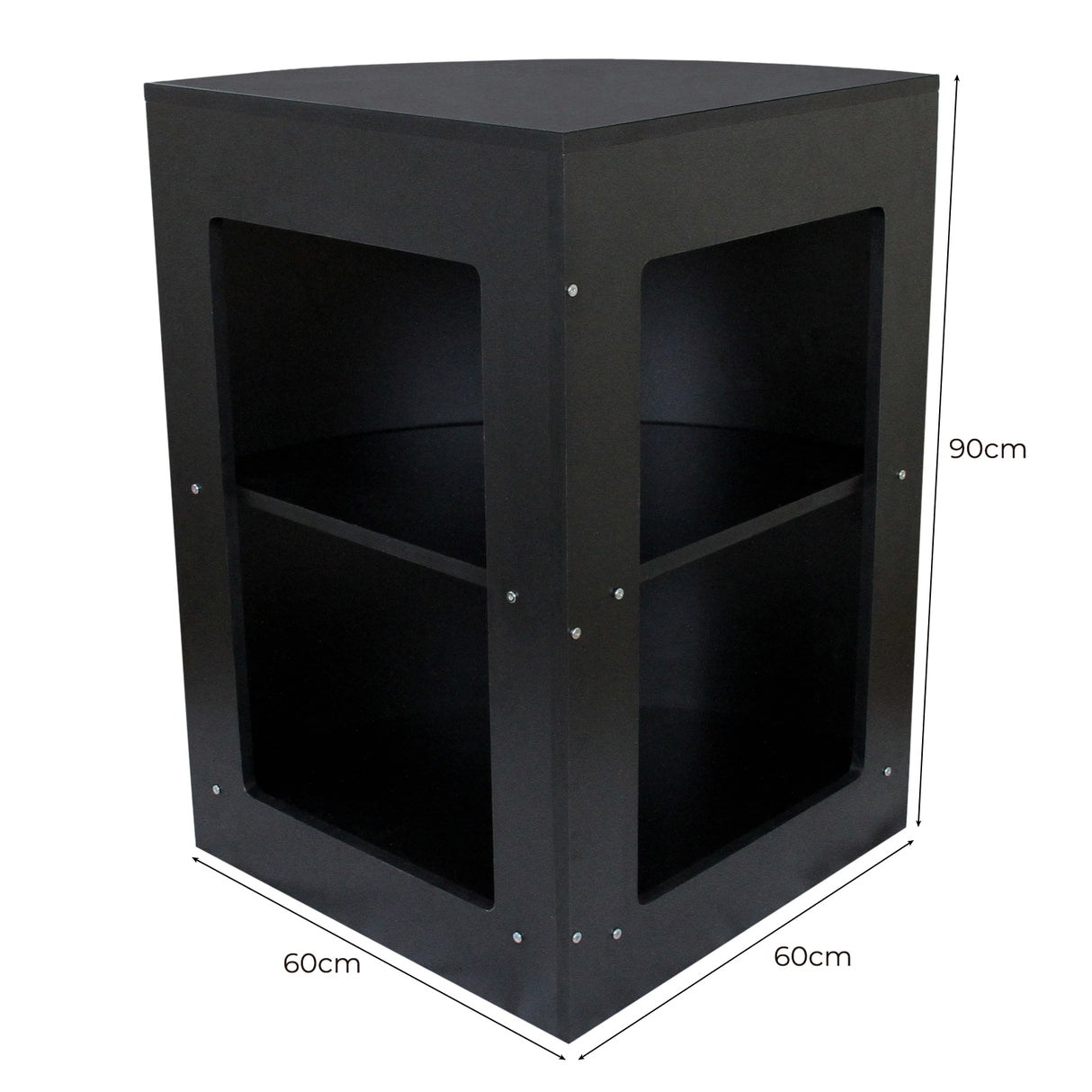 Schwarze Ecktheke aus robustem Material mit zwei offenen Regalen, ideal für Einzelhandelsgeschäfte, 60 cm x 60 cm x 90 cm