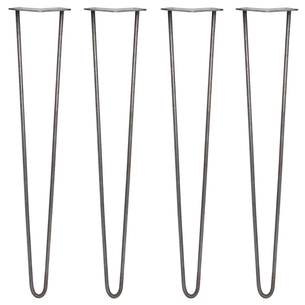Vier 71 cm hohe Hairpin Tischbeine aus Rohstahl mit zwei Streben, schlankes Design, matte Oberfläche und stabiler Konstruktion für Möbelprojekte