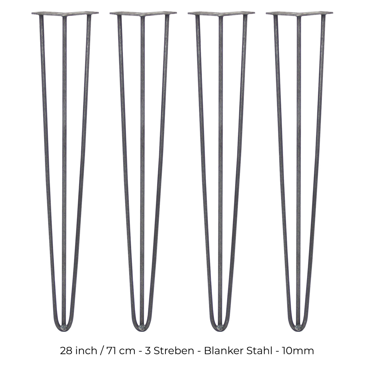 Vier 71 cm hohe Hairpin Tischbeine aus Rohstahl mit drei Streben, schlankes Design, matte Oberfläche und stabiler Konstruktion für Möbelprojekte