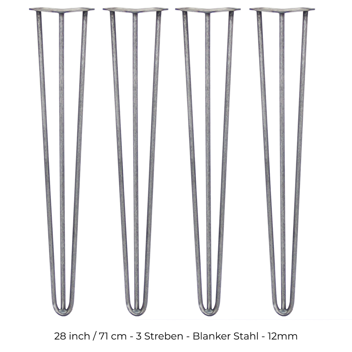 Vier 71 cm hohe Hairpin Tischbeine aus rohem Stahl mit drei Streben, schlankem Design und grauer, metallischer Oberfläche für moderne Möbelprojekte