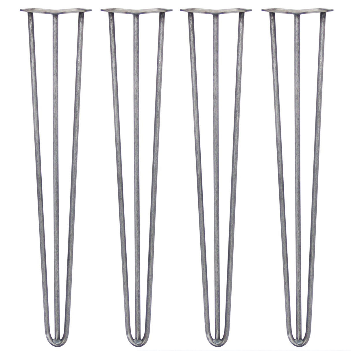 Vier 71 cm hohe Hairpin Tischbeine aus Rohstahl mit drei Streben, schlankem Design und robustem, industriellem Look für Möbelprojekte