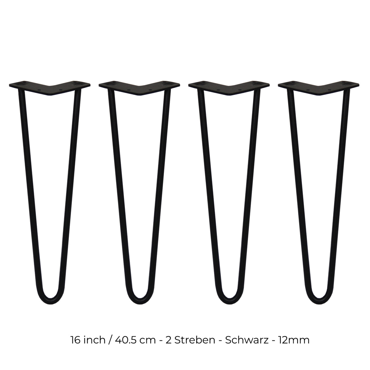 Schwarze Hairpin Tischbeine aus Metall, 40,5 cm hoch, mit zwei Streben und 12 mm Durchmesser, ideal für moderne Möbelgestaltungen