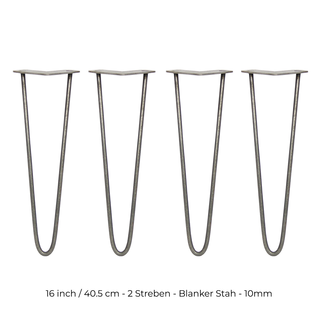 Vier 40,5 cm hohe Hairpin Tischbeine aus Rohstahl mit zwei Streben, schlankes Design, graue Oberfläche, ideal für moderne Möbelprojekte