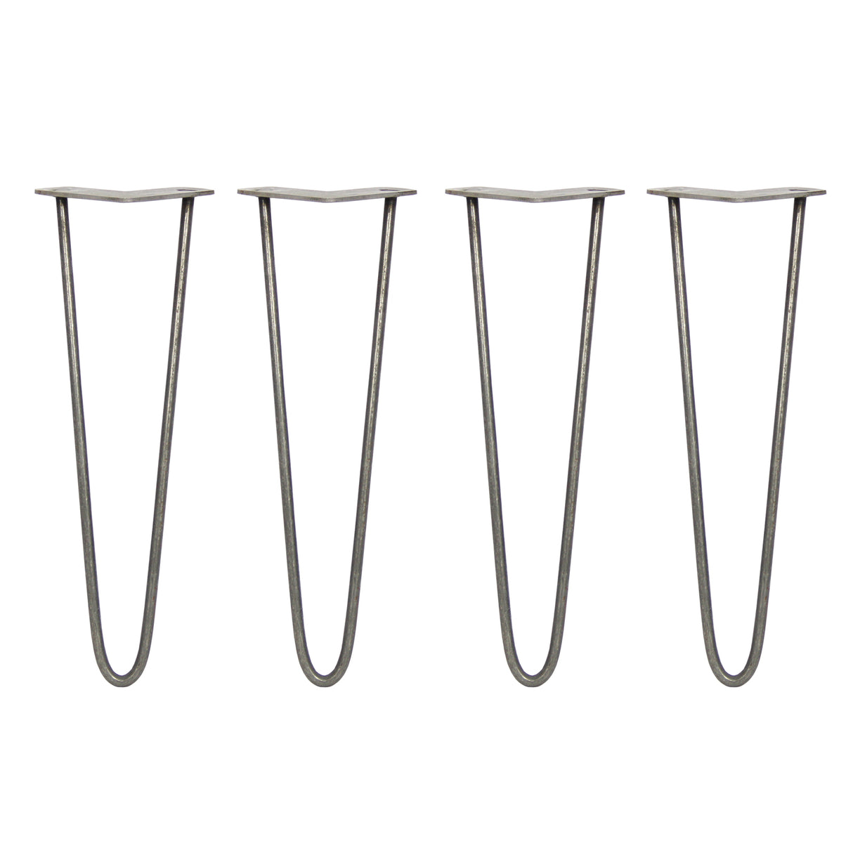 Vier elegante Hairpin Tischbeine aus Rohstahl, 40,5 cm hoch, mit zwei Streben und einem minimalistischen, geschwungenen Design in mattem Grau