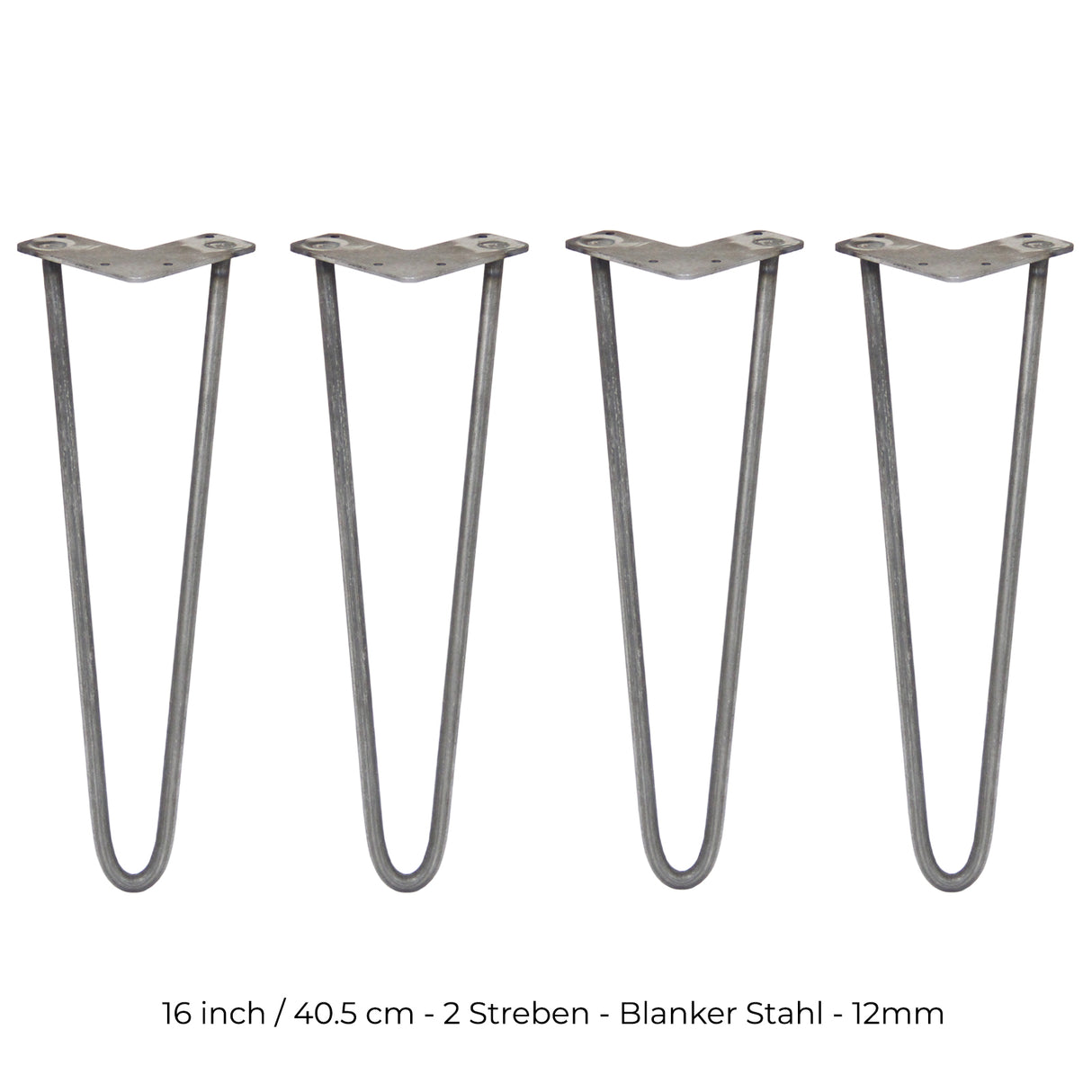 Vier 40,5 cm lange Hairpin Tischbeine aus rohem Stahl mit zwei Streben, schlankem Design und robustem, industriellem Look