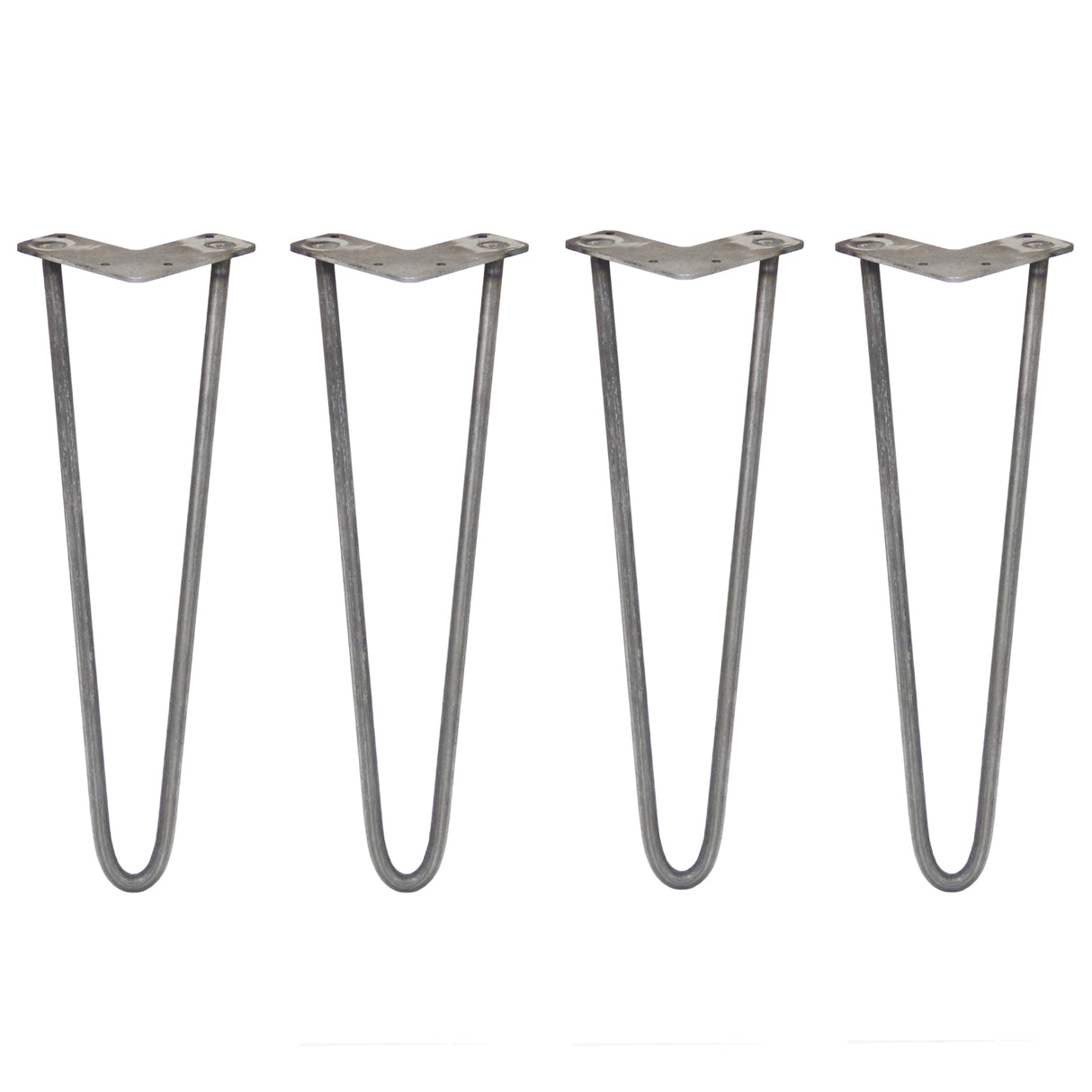 Vier 40,5 cm hohe Hairpin Tischbeine aus Rohstahl mit zwei Streben, schlankes, modernes Design in mattem Grau, ideal für DIY-Möbelprojekte