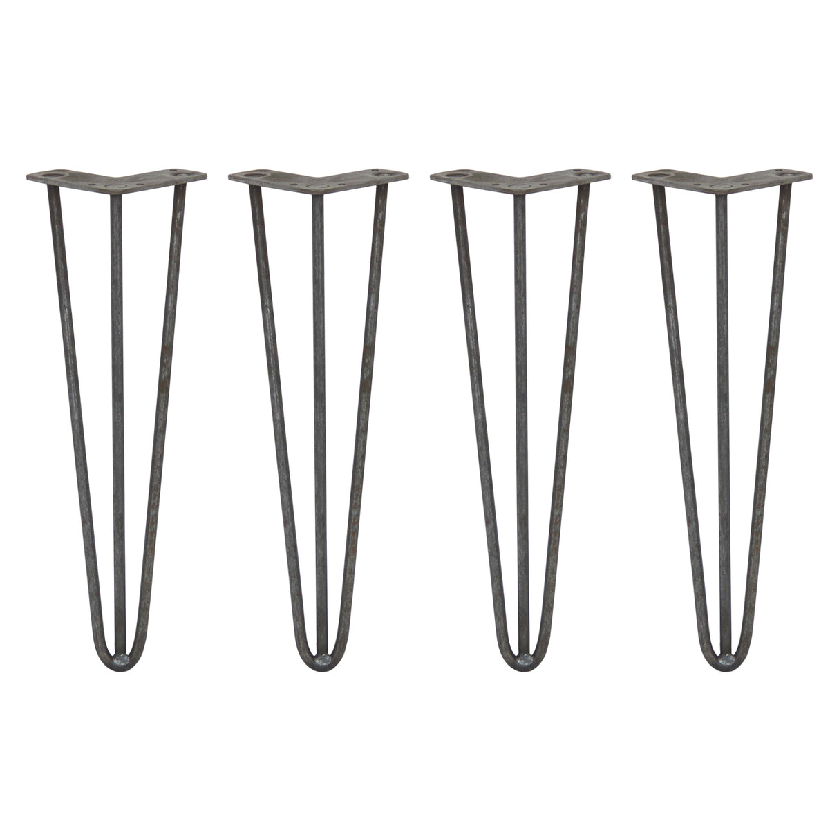 Vier 40,5 cm hohe Hairpin Tischbeine aus Rohstahl mit drei Streben, elegant geschwungen, robust und ideal für moderne Möbelgestaltungen