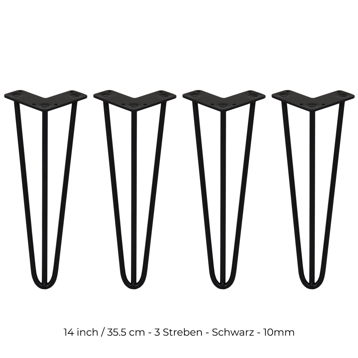 Schwarze 35,5 cm Hairpin Tischbeine mit 3 Streben aus robustem Metall, elegant geformt für moderne Möbelgestaltungen