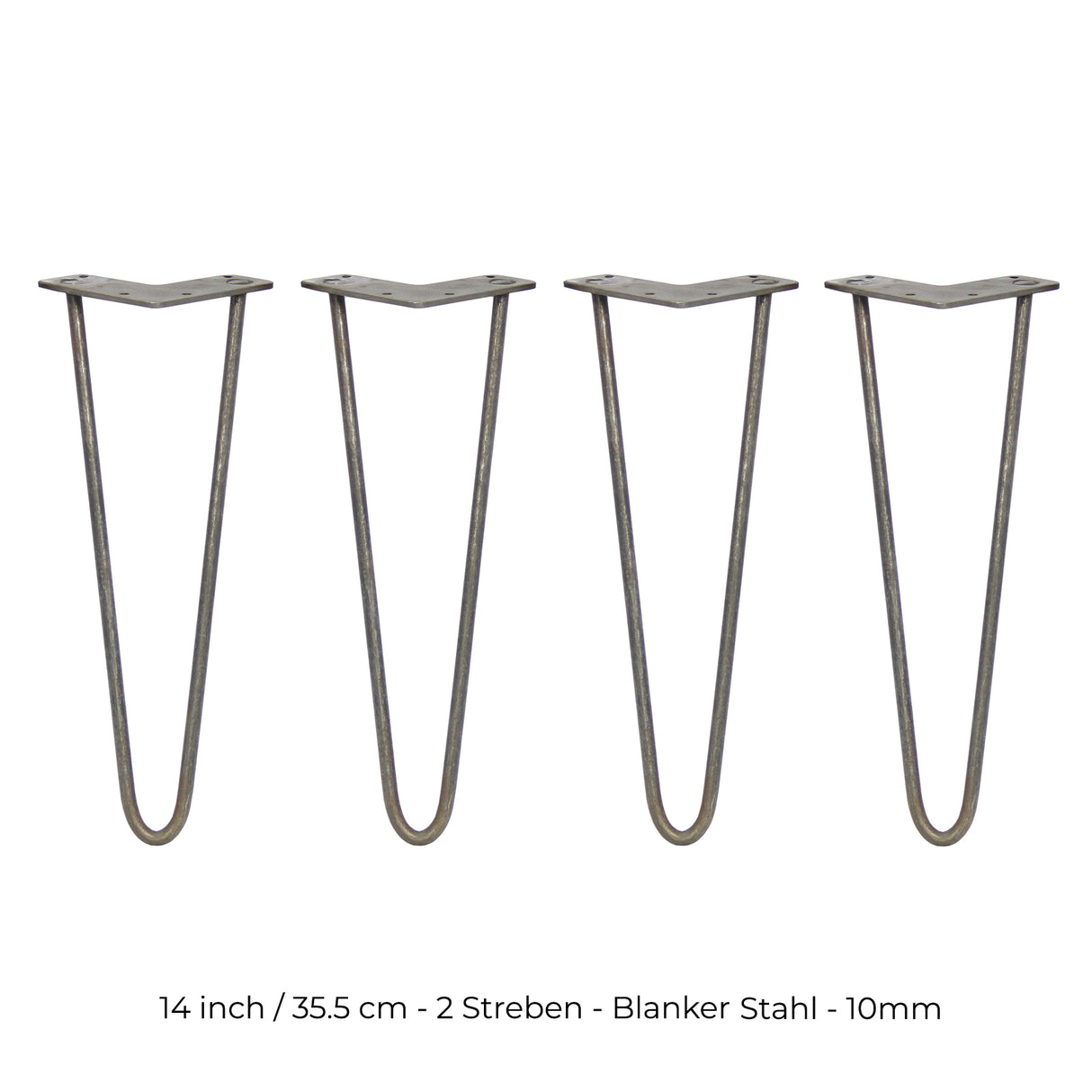 Vier 35,5 cm lange Hairpin Tischbeine aus Rohstahl mit zwei Streben, schlankem Design und robustem 10 mm Durchmesser, ideal für moderne Möbelprojekte