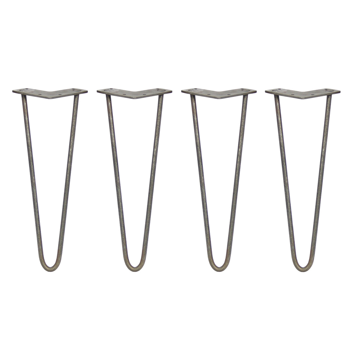 Vier 35,5 cm hohe Hairpin Tischbeine aus Rohstahl mit zwei Streben, elegant geschwungen, robust und ideal für moderne Möbelprojekte