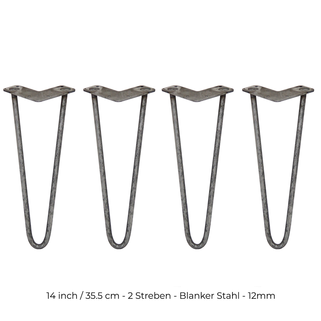 Vier 35,5 cm lange Hairpin Tischbeine aus rohem Stahl mit zwei Streben, in einer eleganten, minimalistischen Form und robustem, industriellem Look