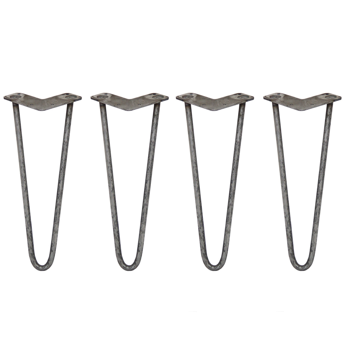 Vier 35,5 cm hohe Hairpin Tischbeine aus Rohstahl mit zwei Streben, elegant geschwungen, robust und ideal für moderne Möbelgestaltungen