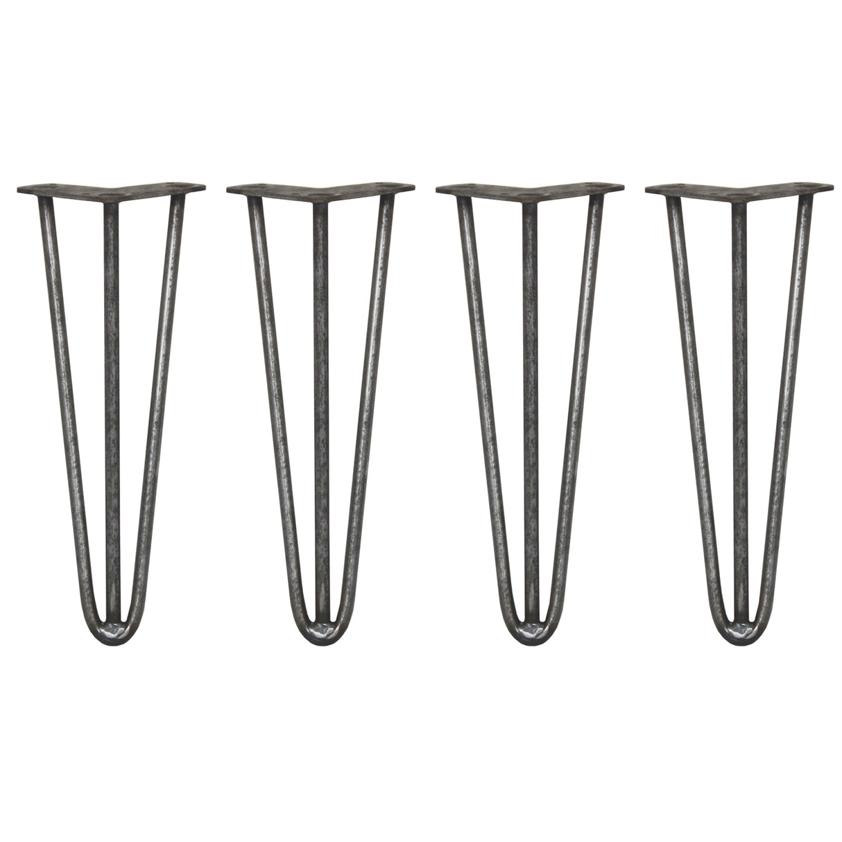 Vier Hairpin Tischbeine aus Rohstahl, 35,5 cm hoch, mit drei stabilen Streben und einem eleganten, minimalistischen Design in dunklem Metall