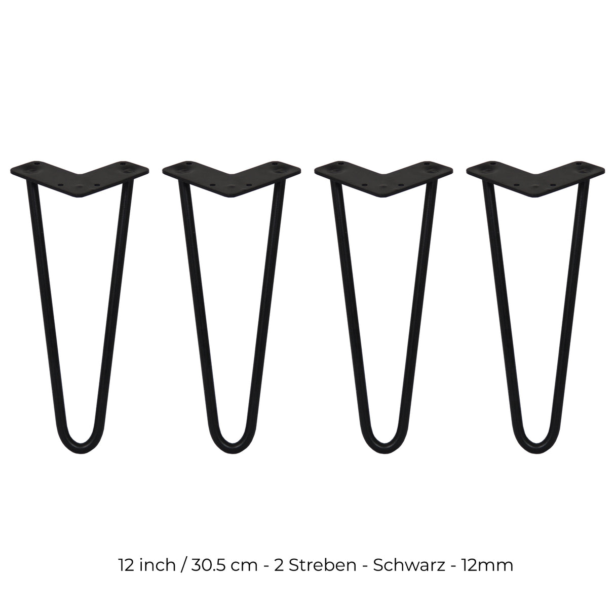 Schwarze Hairpin Tischbeine aus Metall, 30,5 cm hoch, mit zwei Streben und 12 mm Durchmesser, ideal für moderne Möbelgestaltungen