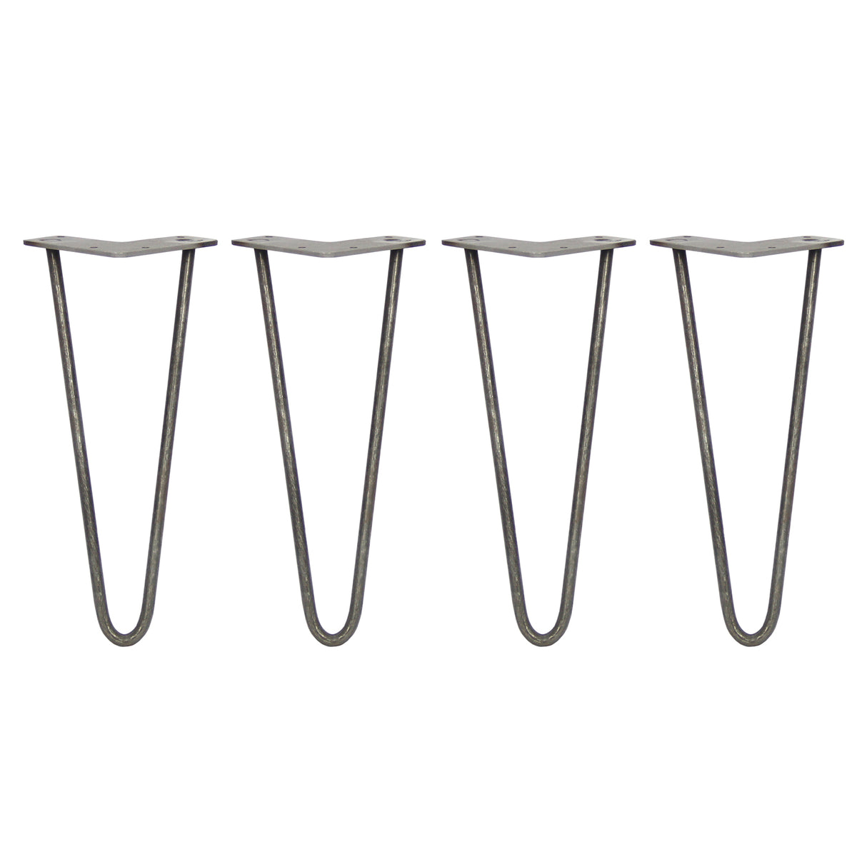 Vier elegante Hairpin Tischbeine aus Rohstahl, 30,5 cm hoch, mit zwei Streben und einem minimalistischen, modernen Design in dunklem Metallfinish