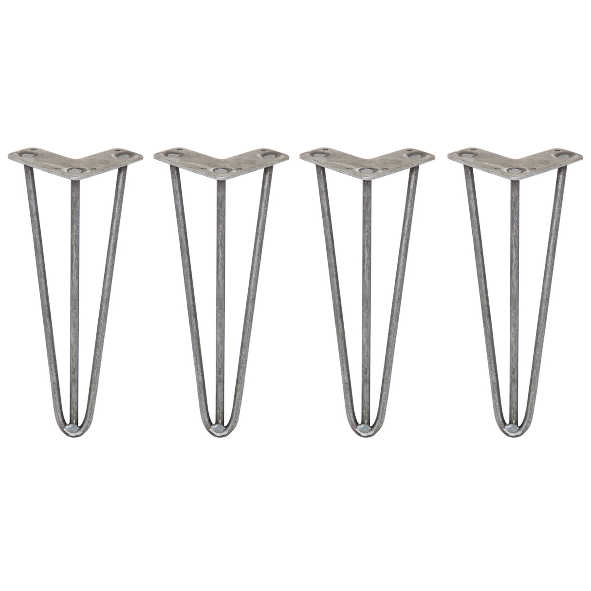 Vier 30,5 cm hohe Hairpin Tischbeine aus robustem, silberfarbenem Metall mit drei Streben und 10 mm Durchmesser, ideal für moderne Möbelprojekte