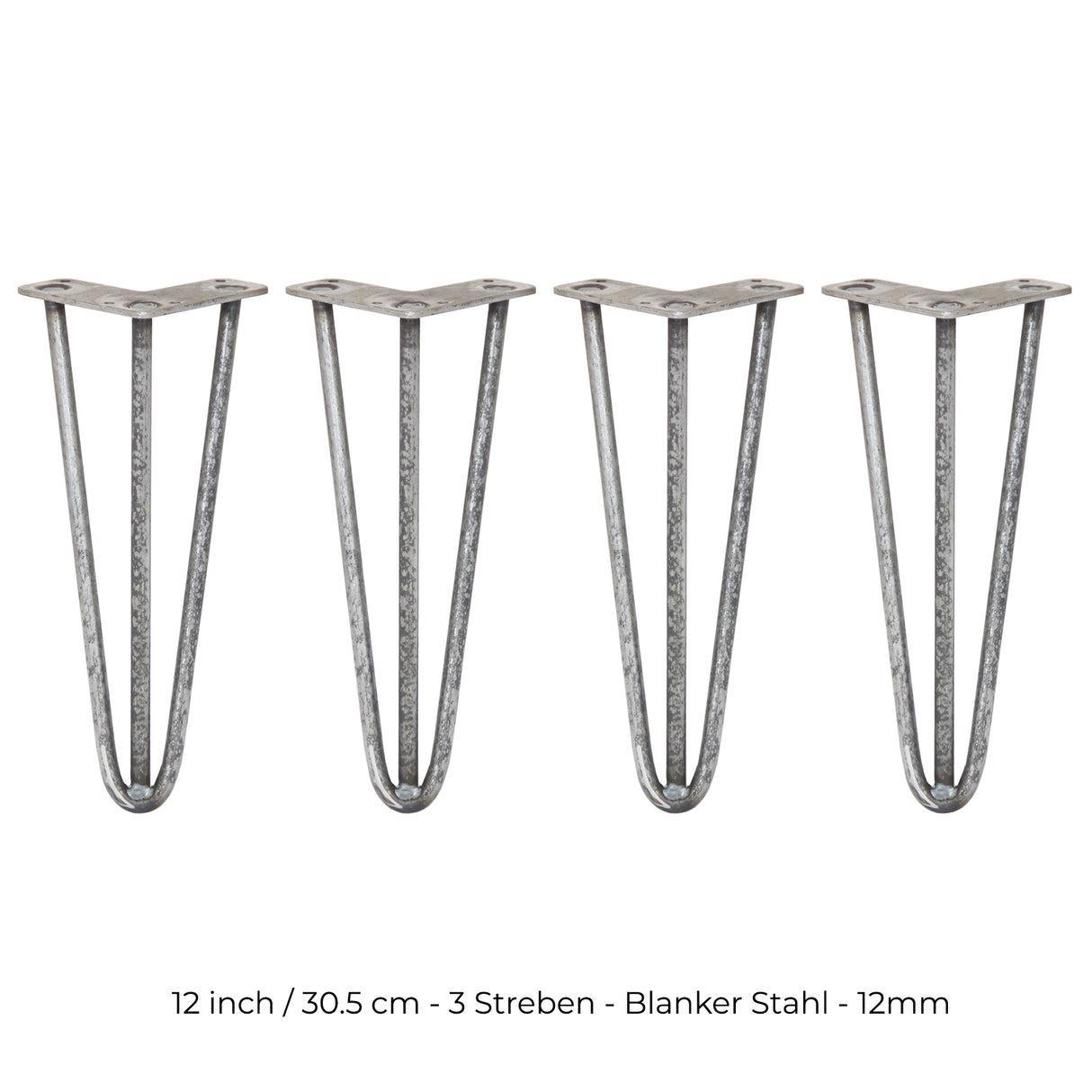 Vier 30,5 cm lange Hairpin Tischbeine aus Rohstahl mit drei Streben, robust und modern, ideal für individuelle Möbelprojekte
