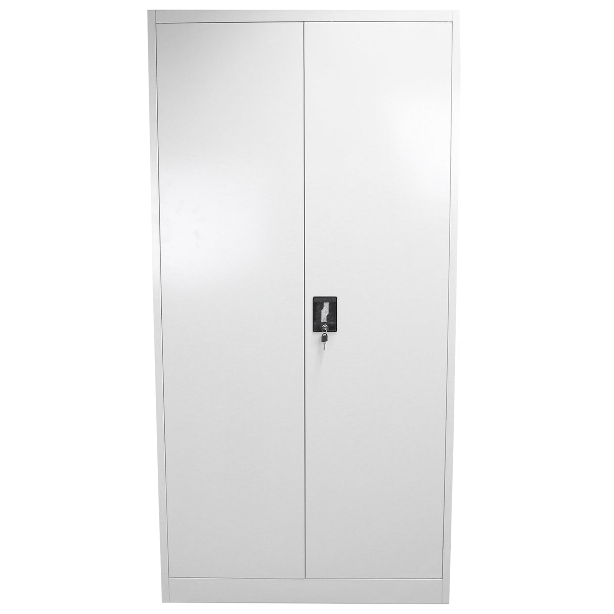 Abschließbarer Aktenschrank in elegantem Weiß, 180 cm hoch, mit zwei glatten Türen und einem zentralen Schloss für sichere Aufbewahrung von Dokumenten