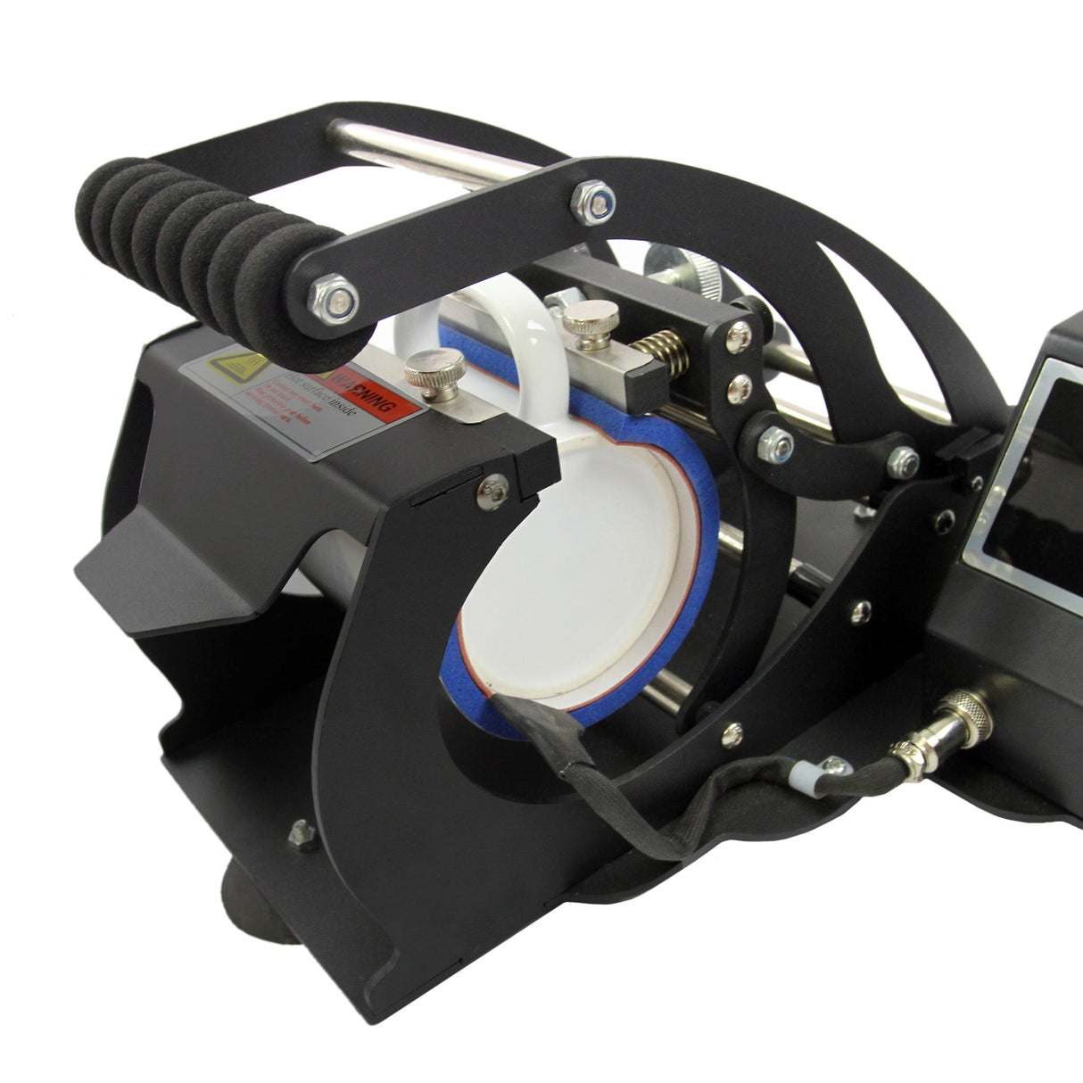 Schwarze PixMax Sublimationsbecherpresse mit ergonomischem Griff, digitalem Display und runder Heizkammer für gleichmäßige Wärmeverteilung