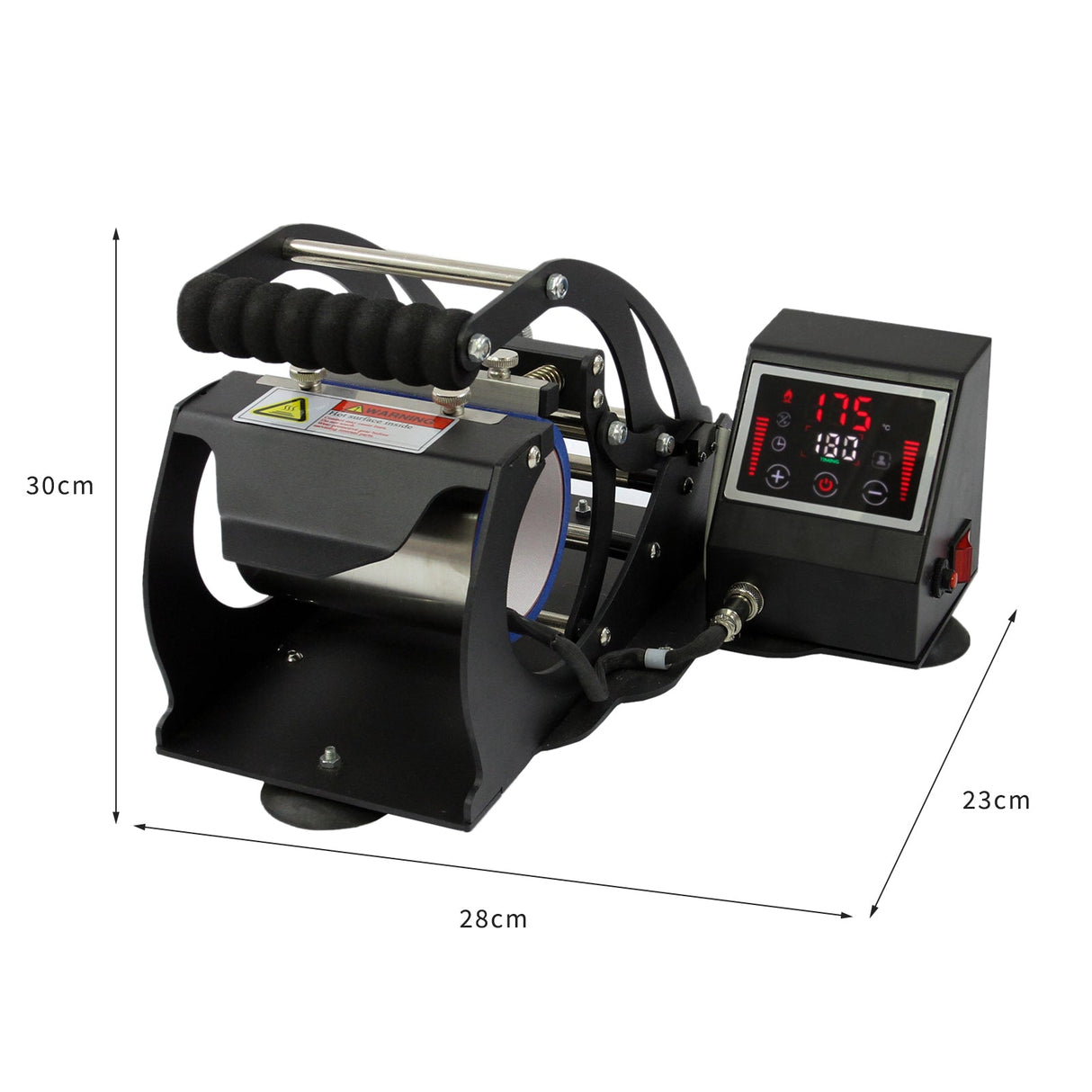Sublimationsbecherpresse in Schwarz mit digitalem Display, verstellbarem Druck und ergonomischem Griff, ideal für personalisierte Becherherstellung