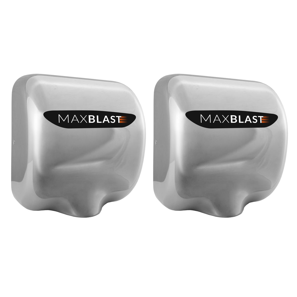 Zwei glänzende, silberne MAXBLAST Händetrockner mit modernem Design, ideal für Gastronomie und öffentliche Einrichtungen