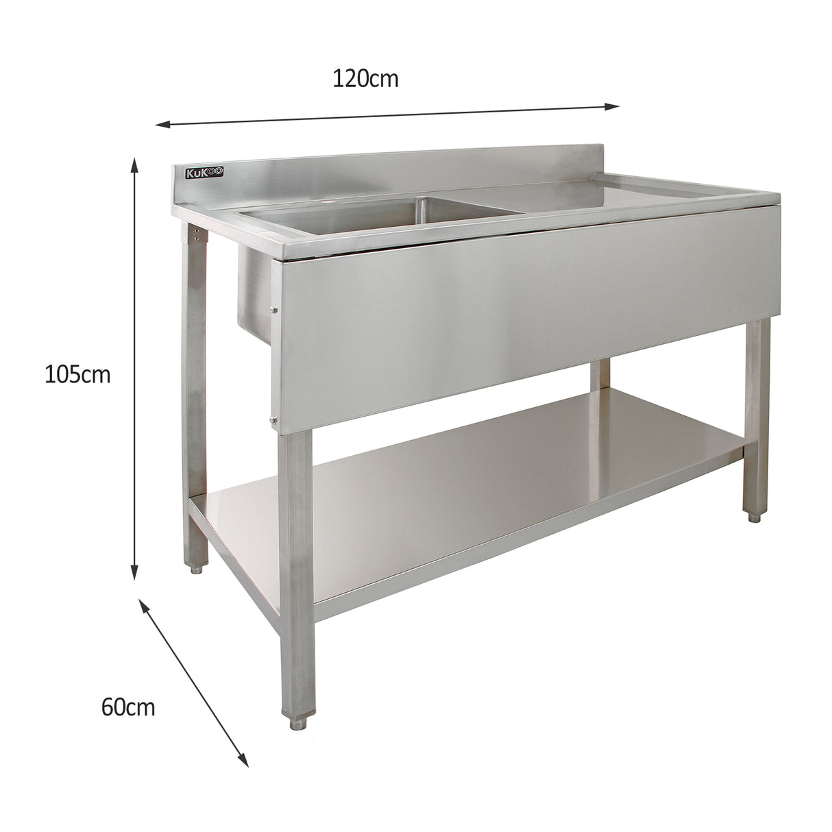 Gewerbespüle aus Edelstahl mit Vorspülhahn, 1,8 m lang, zwei Wandregale, glänzende Oberfläche, robuste Struktur, ideal für Gastronomie und Küchen