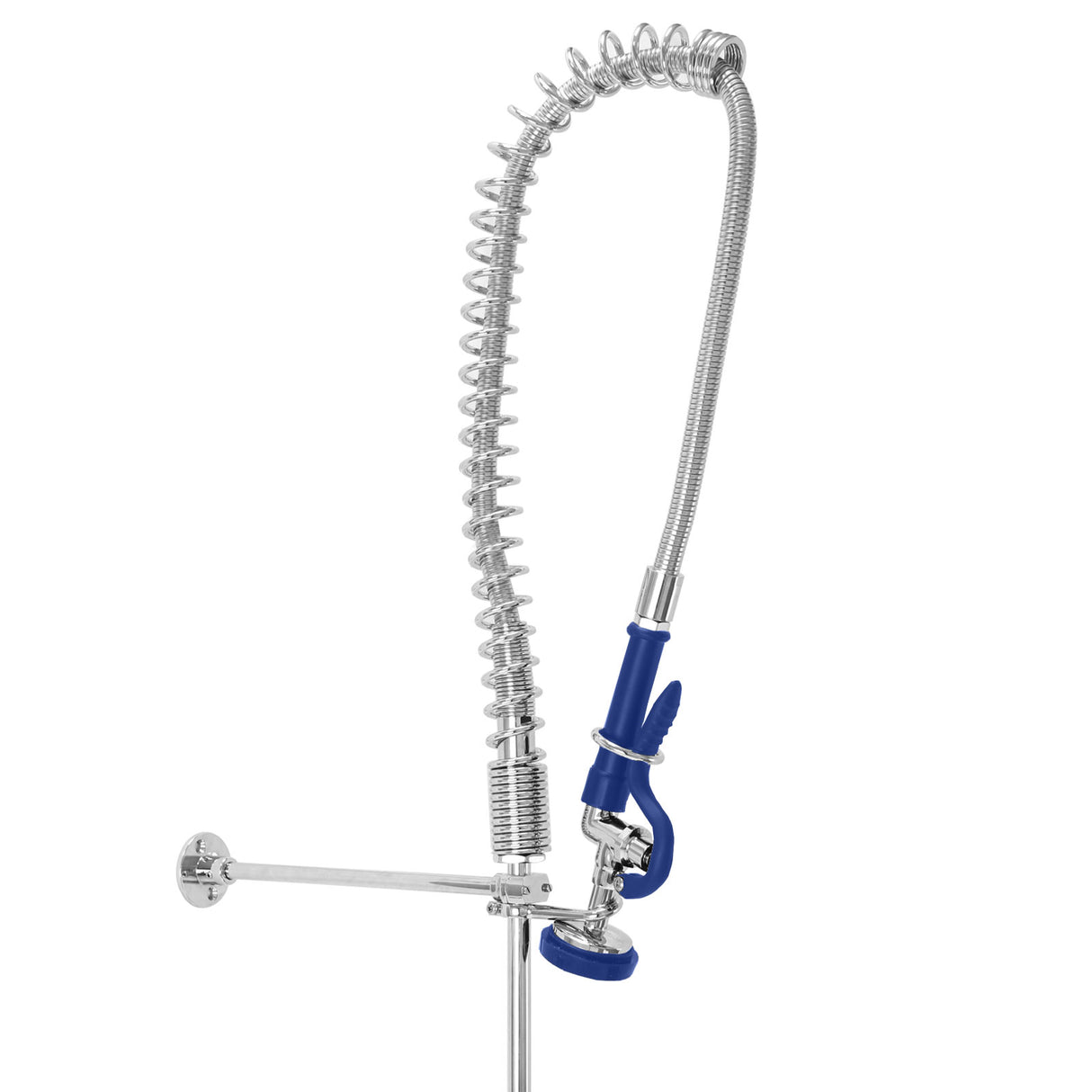 Vorspülhahn aus Edelstahl mit flexibler Schlauchdüse, blauer Griff, glänzende Oberfläche, ideal für Gastronomieküchen und Gewerbespülen