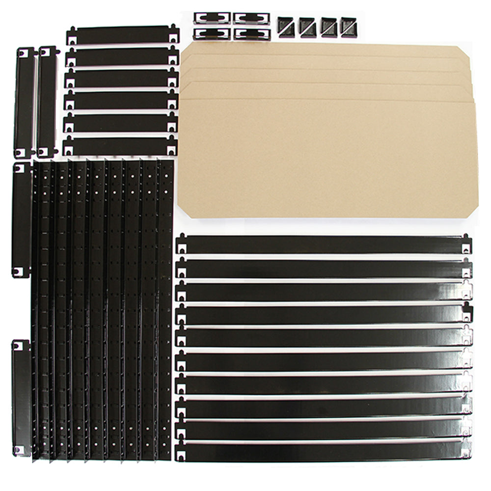 Schwarze T-RAX Metallregale mit robusten, glatten Oberflächen und verschiedenen Komponenten für den einfachen Zusammenbau, ideal für Lagerung und Organisation