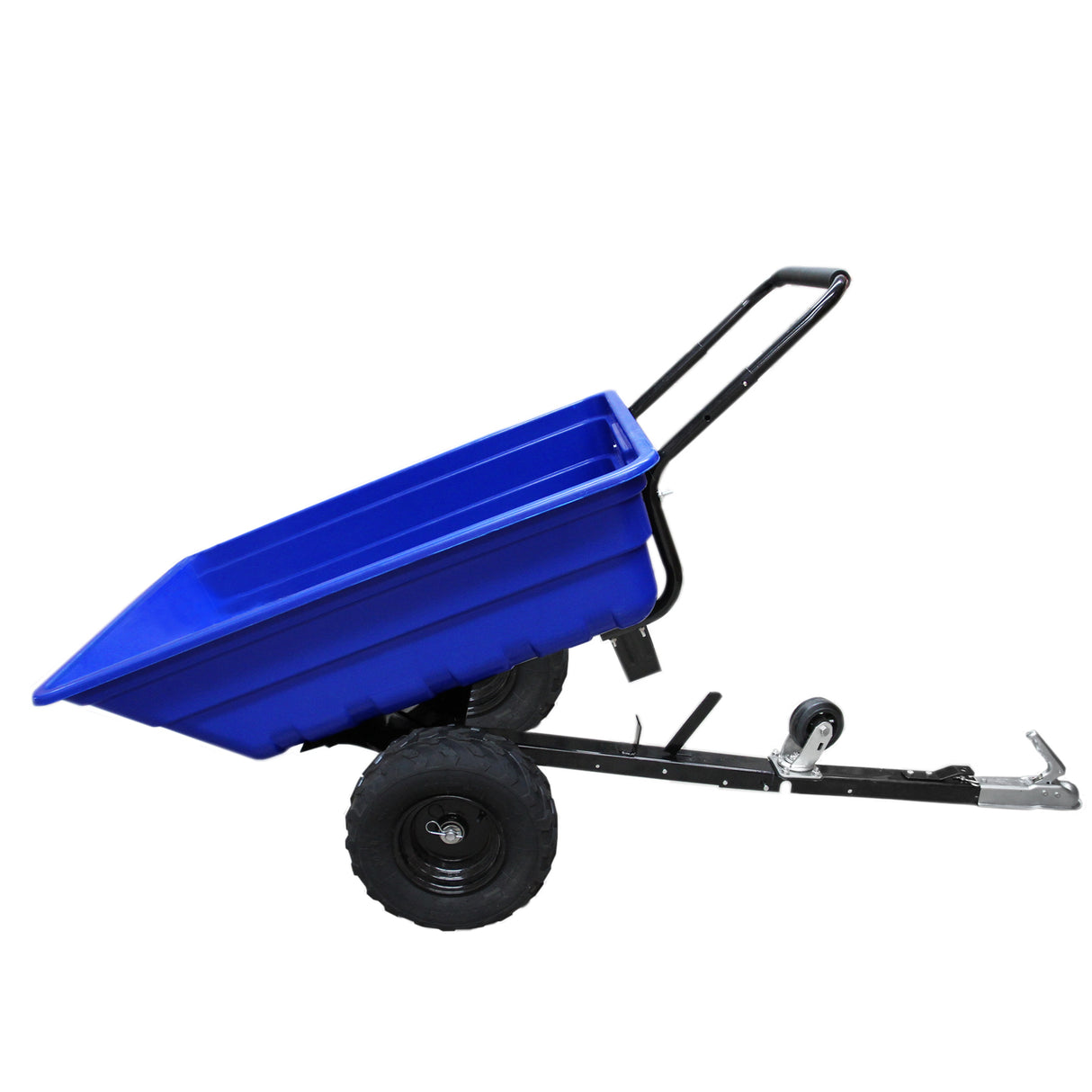 Robuster T-Mech ATV-Anhänger mit blauer Kunststoffmulde, stabilen Gummireifen und einem schwarzen Metallrahmen für vielseitige Geländeanwendungen