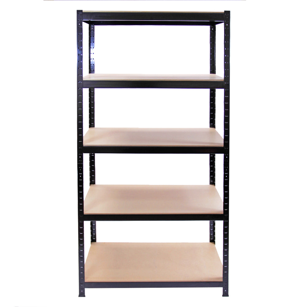 Schwarzes Metallregalsystem mit fünf stabilen, hellen Holzregalen, ideal für Werkstätten oder Lager, 90 cm hoch und vielseitig einsetzbar