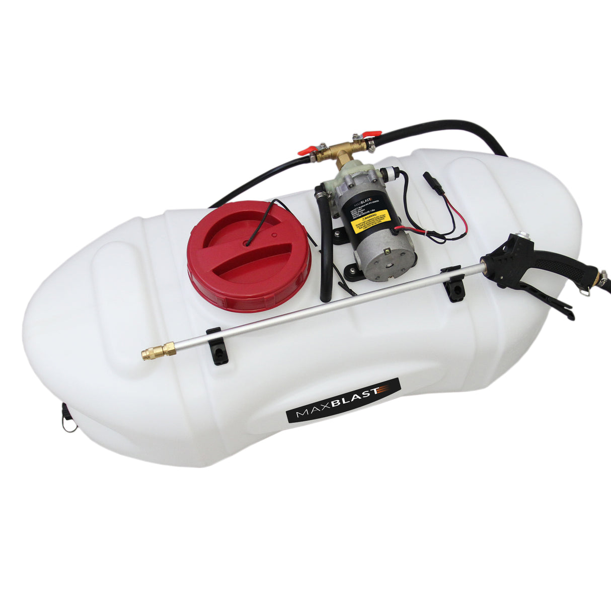 Weißer 60-Liter-Sprühgerät mit rotem Deckel, Pumpe und Schlauch, ideal für Offroad-ATV-Anhänger, robust und langlebig für vielseitige Anwendungen