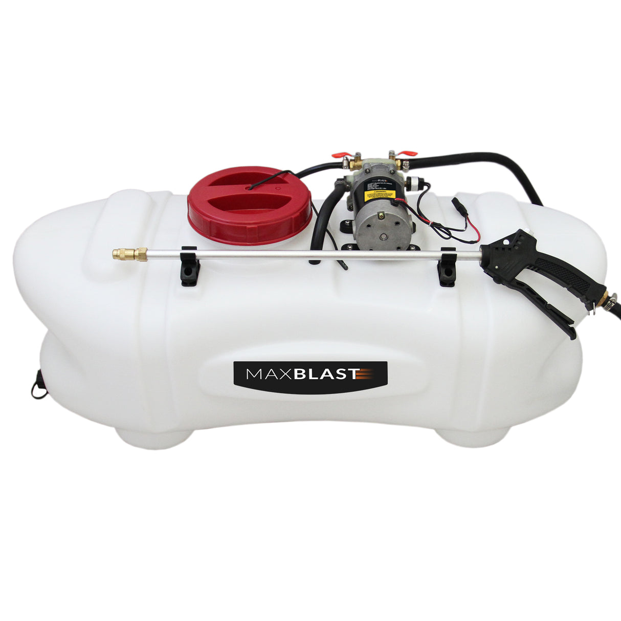 Weißes 60-Liter-Sprühgerät mit rotem Deckel, Pumpe und Schlauch, ideal für Offroad-ATV-Anhänger, robust und vielseitig einsetzbar